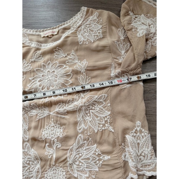 Woman's Tan Embroidered Scalloped Hem Boho Top Lg Whimsical Prairie Cottagecore - Picture 8 of 11